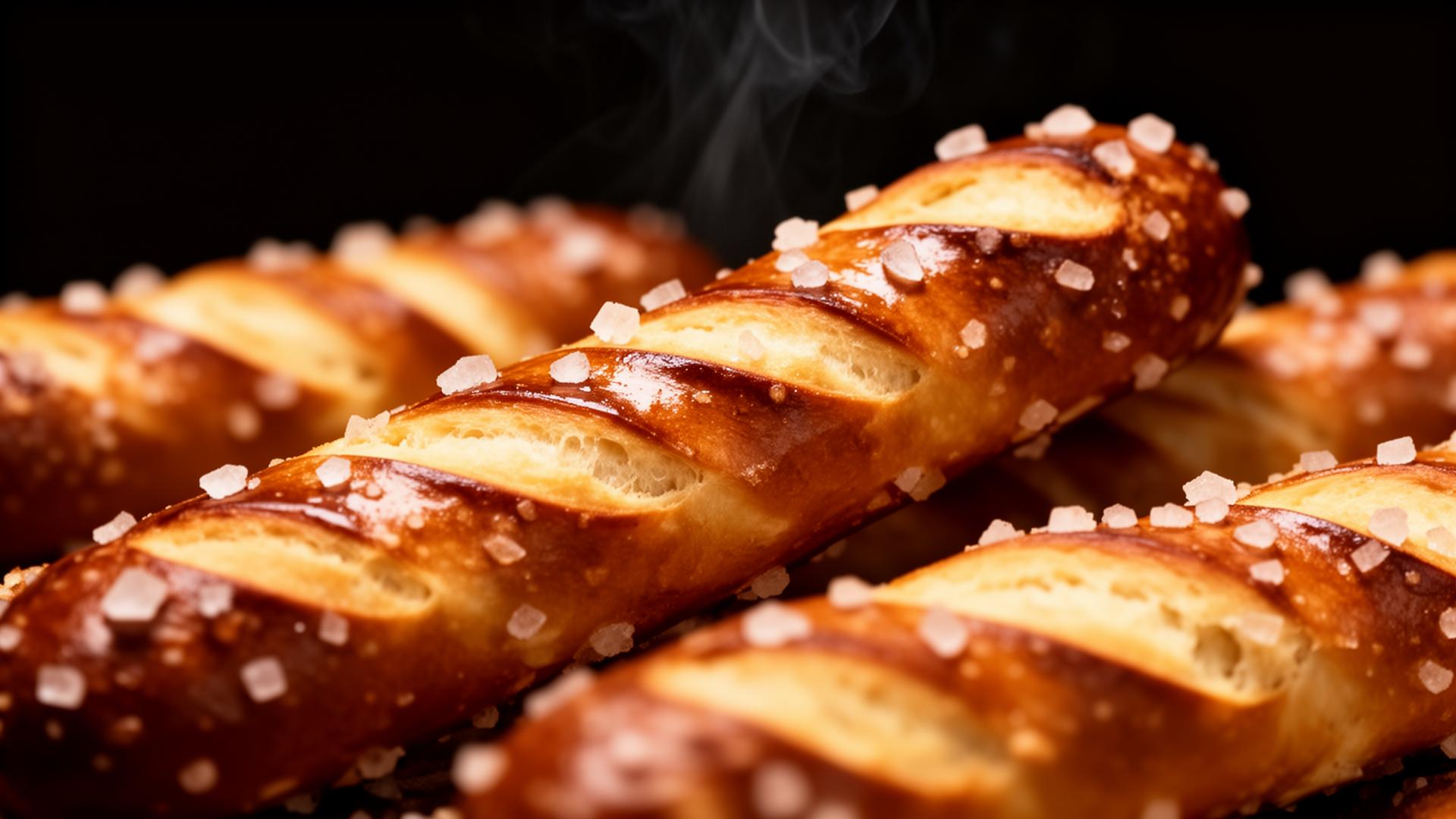 Macro close-up of golden baked pretzel sticks with salt crystals
