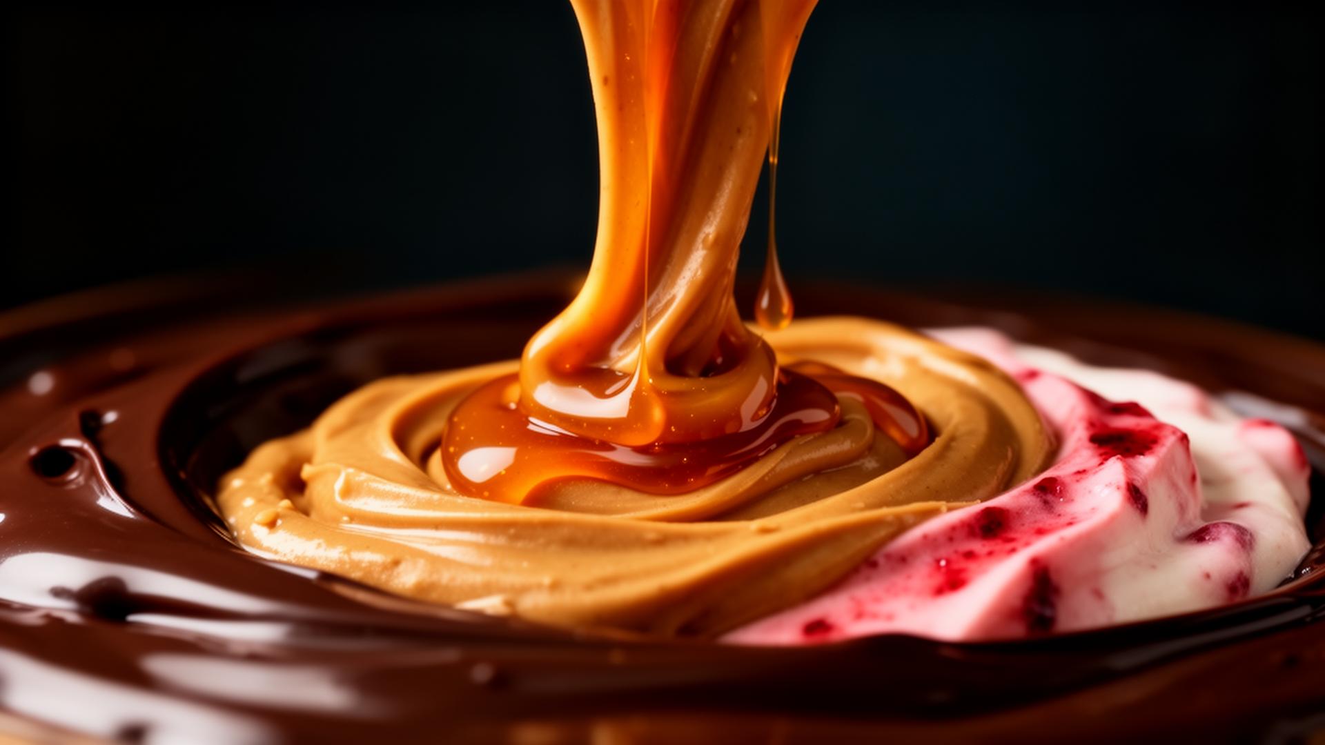 Rich peanut butter, chocolate and strawberry cream flowing together