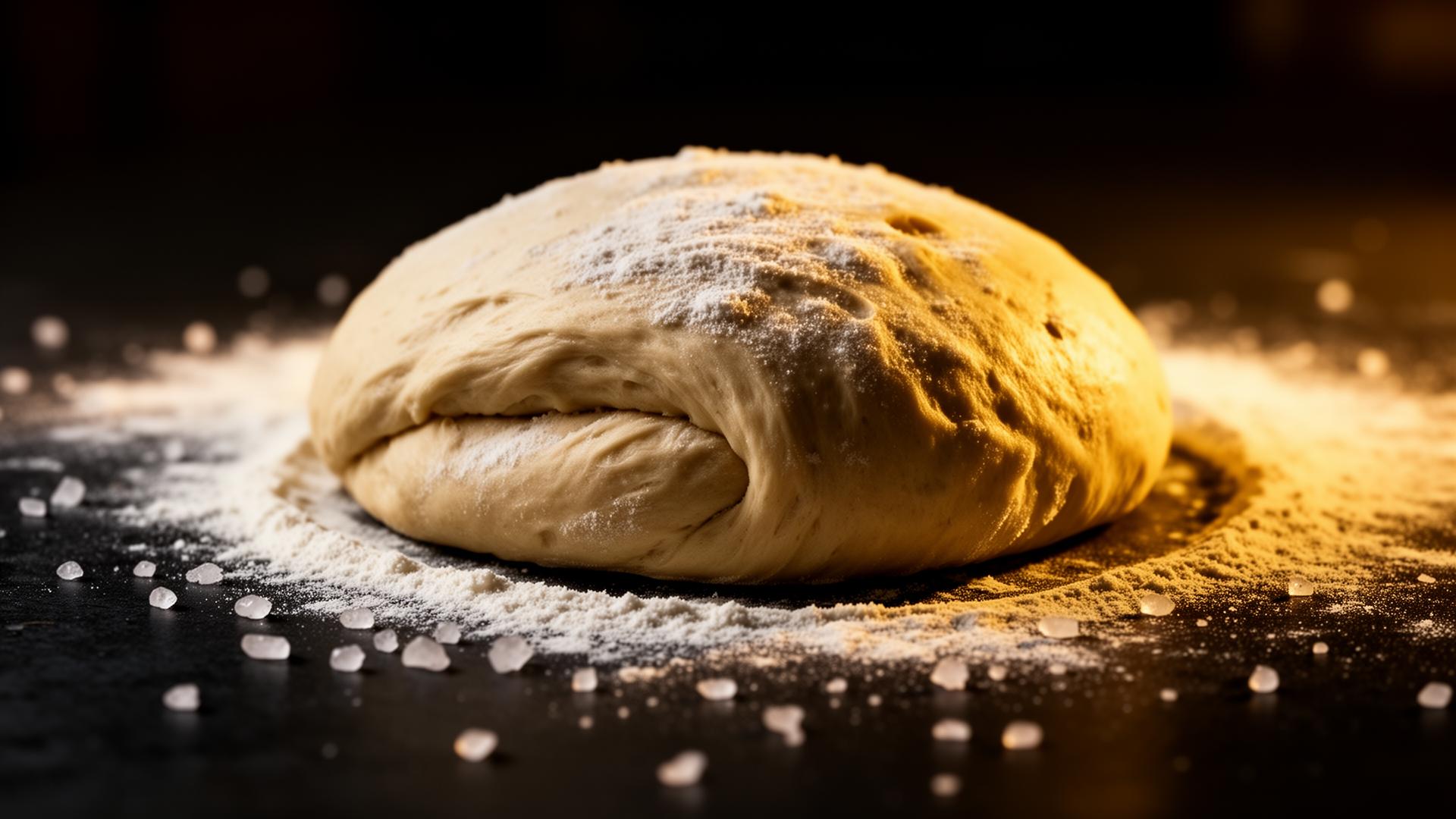 Golden artisan dough dusted with flour and coarse salt on a dark surface