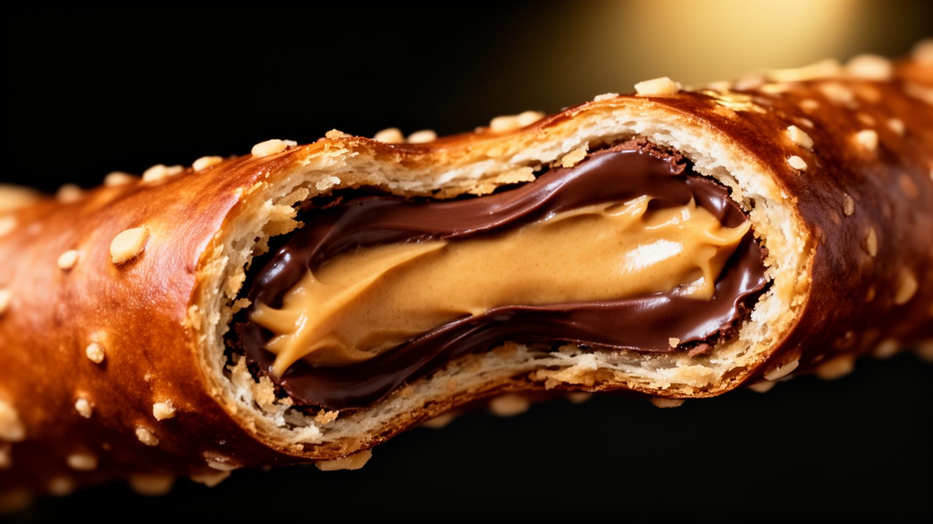 Cross-section of a filled ROPI pretzel revealing chocolate and peanut butter cream